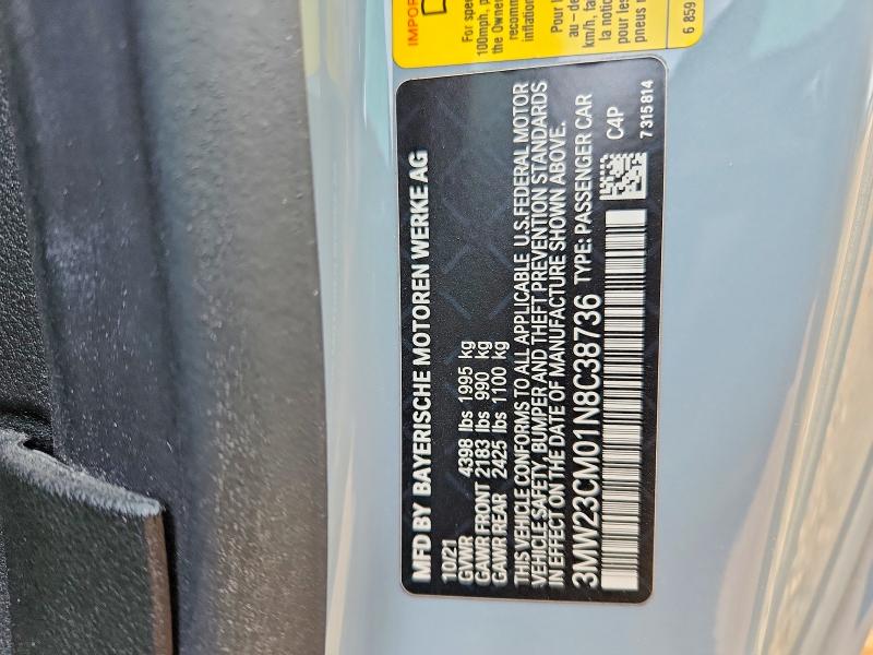 74543205 :رقم المزاد ، 3MW23CM01N8C38736 vin ، 2022 Bmw 230i مزاد بيع