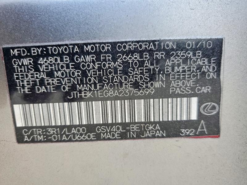 Aukcja sprzedaży 2010 Lexus Es, vin: JTHBK1EG8A2375699, numer aukcji: 74563585