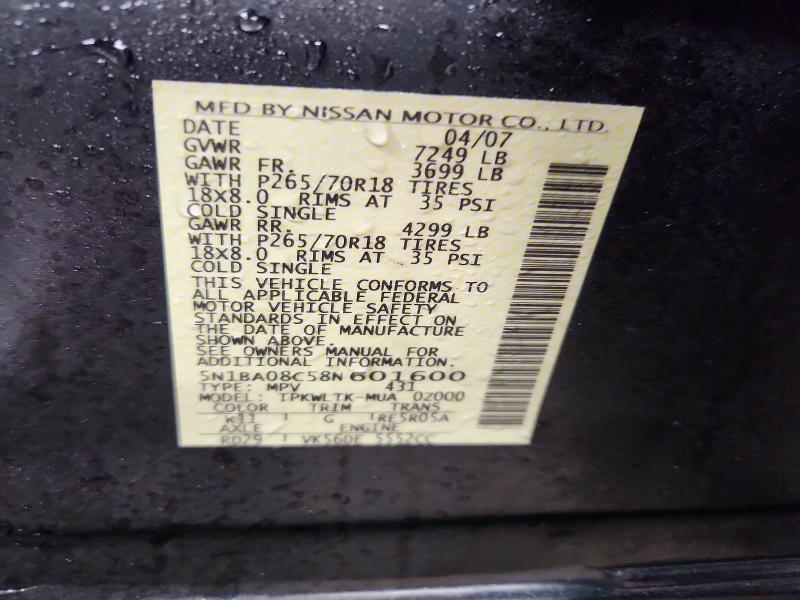 2008 Nissan Armada მანქანა იყიდება აუქციონზე, vin: 5N1BA08C58N601600, აუქციონის ნომერი: 72645405