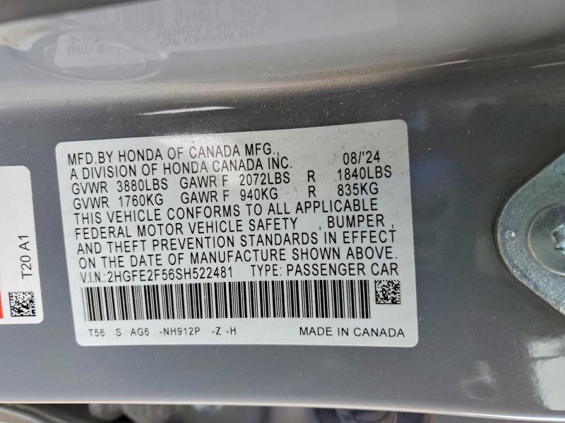Auction sale of the 2025 Honda Civic, vin: 2HGFE2F56SH522481, lot number: 73941985