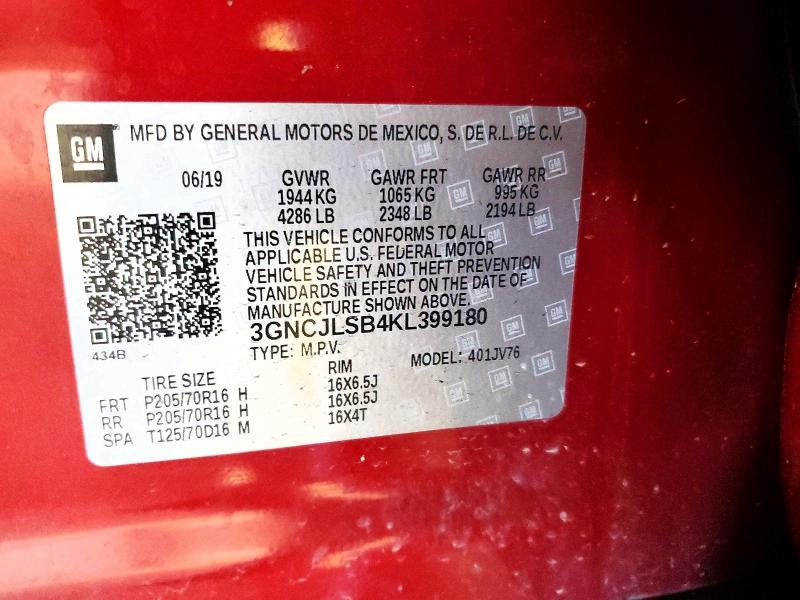 Aukcja sprzedaży 2019 Chevrolet Trax, vin: 3GNCJLSB4KL399180, numer aukcji: 72378935