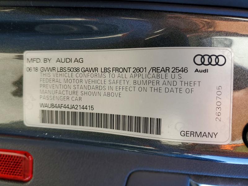 2018 Audi S4 მანქანა იყიდება აუქციონზე, vin: WAUB4AF44JA214415, აუქციონის ნომერი: 99143425