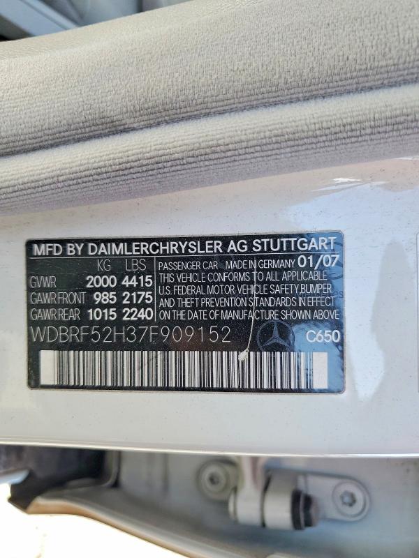 75498295 :رقم المزاد ، WDBRF52H37F909152 vin ، 2007 Mercedes-benz C مزاد بيع