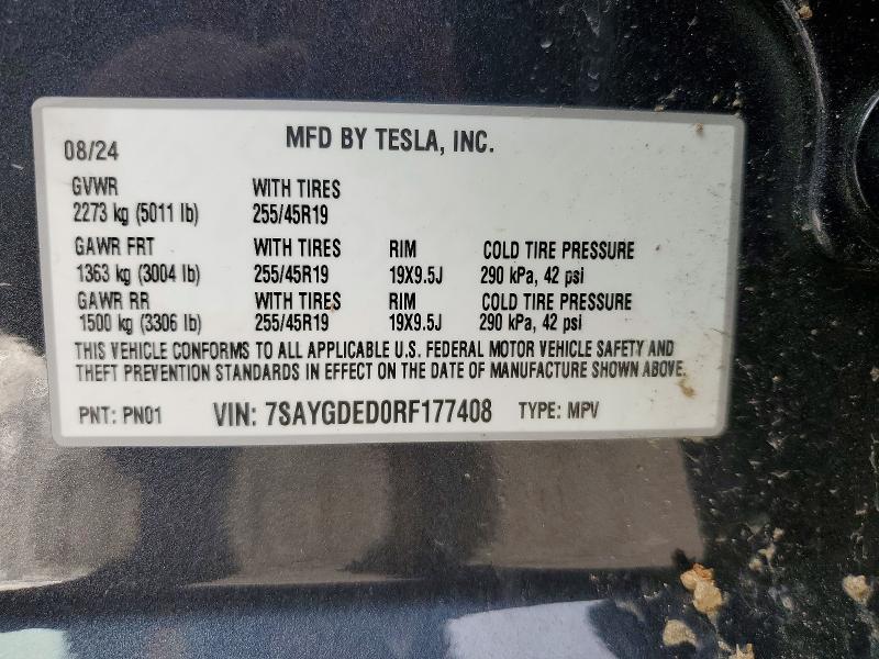 2024 Tesla Model Y მანქანა იყიდება აუქციონზე, vin: 7SAYGDED0RF177408, აუქციონის ნომერი: 99264965