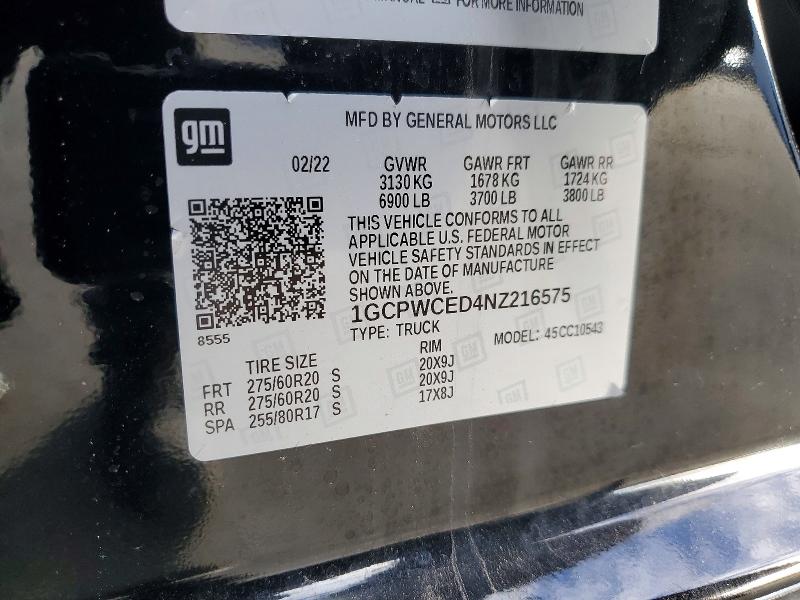 96803285 :رقم المزاد ، 1GCPWCED4NZ216575 vin ، 2022 Chevrolet Silverado Ltd مزاد بيع