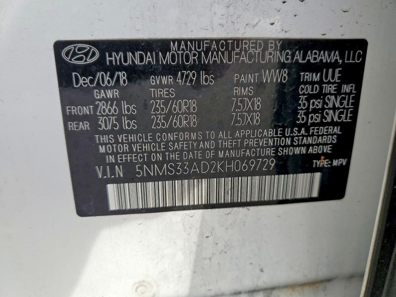 Aukcja sprzedaży 2019 Hyundai Santa Fe, vin: 5NMS33AD2KH069729, numer aukcji: 95305215