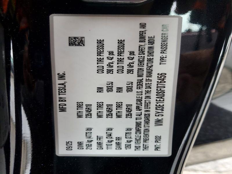 97513105 :رقم المزاد ، 5YJ3E1EA0SF076456 vin ، 2025 Tesla Model 3 مزاد بيع