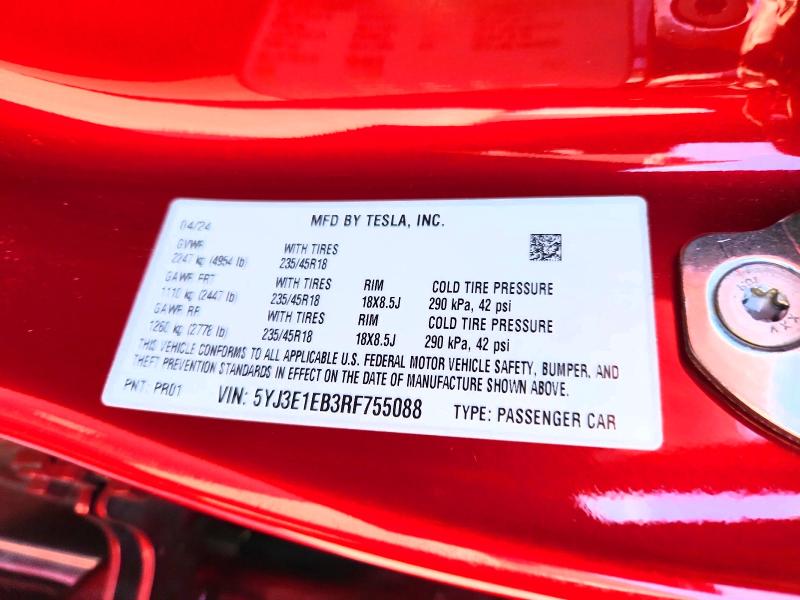 74457185 :رقم المزاد ، 5YJ3E1EB3RF755088 vin ، 2024 Tesla Model 3 مزاد بيع