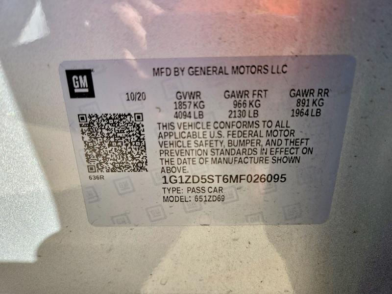 Продаж на аукціоні авто 2021 Chevrolet Malibu Lt, vin: 1G1ZD5ST6MF026095, номер лоту: 72253295