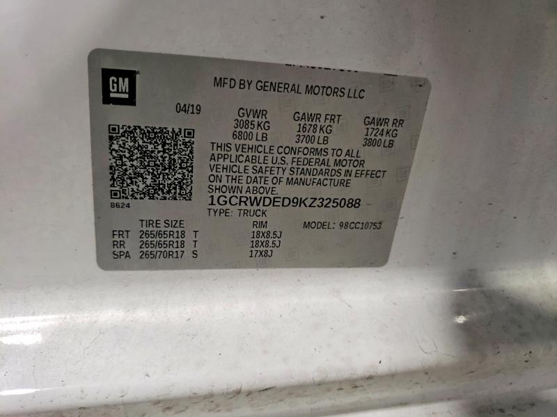 Aukcja sprzedaży 2019 Chevrolet Silverado, vin: 1GCRWDED9KZ325088, numer aukcji: 97771215