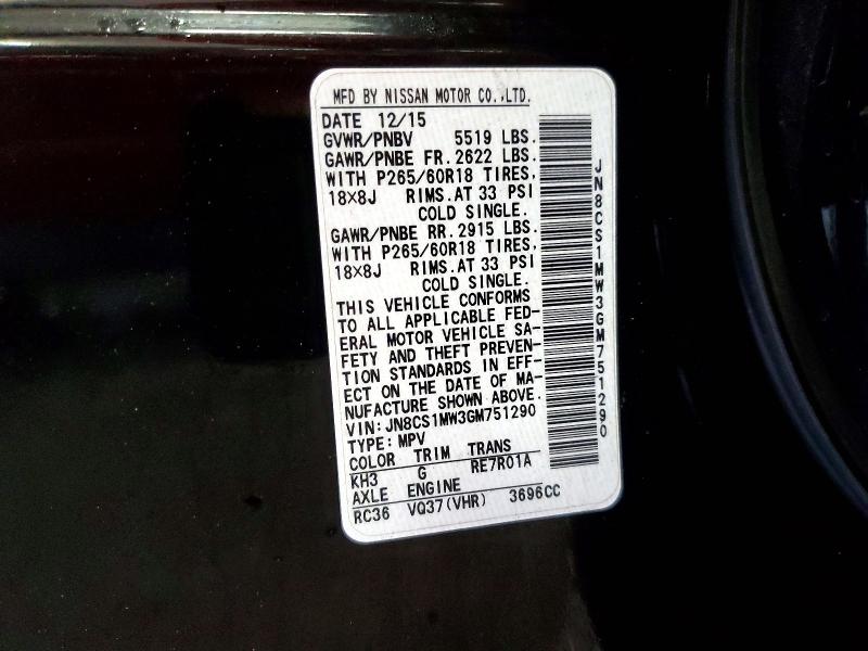 72336595 :رقم المزاد ، JN8CS1MW3GM751290 vin ، 2016 Infiniti Qx70 مزاد بيع