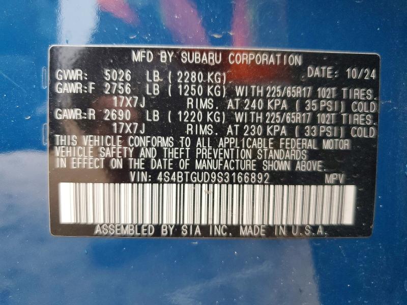 Aukcja sprzedaży 2025 Subaru Outback, vin: 4S4BTGUD9S3166892, numer aukcji: 72963235
