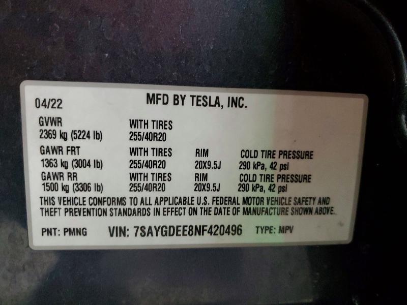 Aukcja sprzedaży 2022 Tesla Model Y, vin: 7SAYGDEE8NF420496, numer aukcji: 73787335