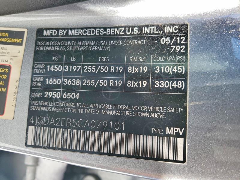 Aukcja sprzedaży 2012 Mercedes-benz Ml, vin: 4JGDA2EB5CA079101, numer aukcji: 75098905