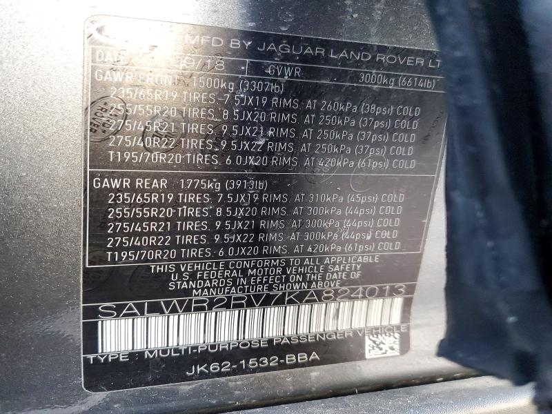 Aukcja sprzedaży 2019 Land Rover Range Rover Sport, vin: SALWR2RV7KA824013, numer aukcji: 99684745
