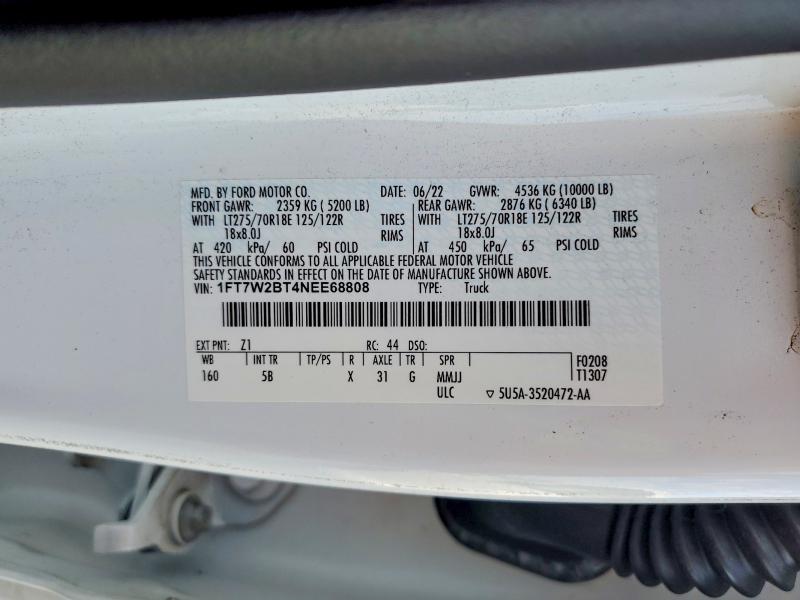 98130845 :رقم المزاد ، 1FT7W2BT4NEE68808 vin ، 2022 Ford F250 Super مزاد بيع