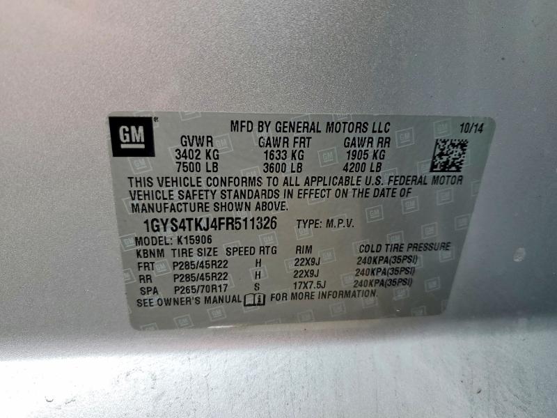 2015 Cadillac Escalade მანქანა იყიდება აუქციონზე, vin: 1GYS4TKJ4FR511326, აუქციონის ნომერი: 73102595