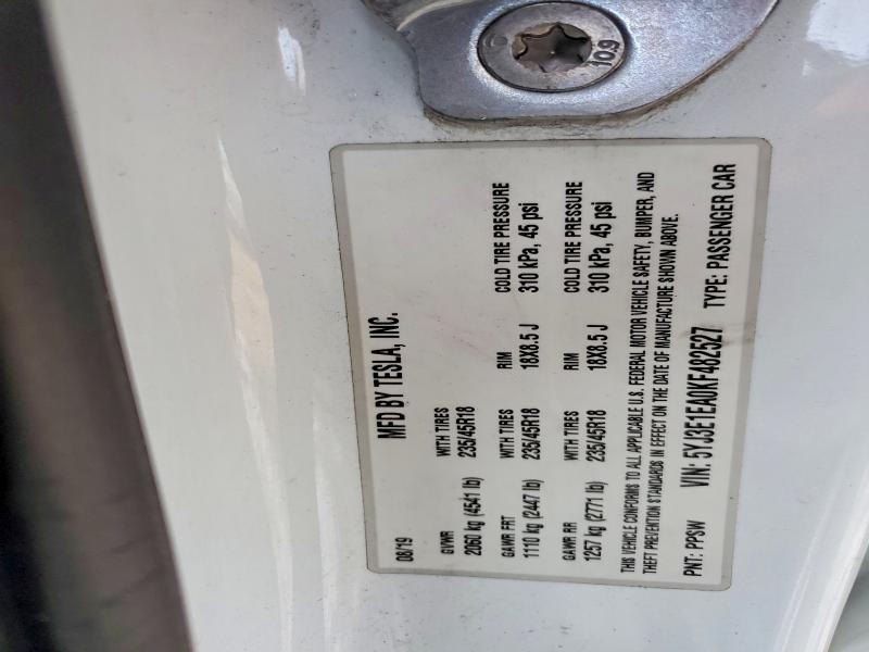 2019 Tesla Model 3 მანქანა იყიდება აუქციონზე, vin: 5YJ3E1EA0KF482527, აუქციონის ნომერი: 72761835