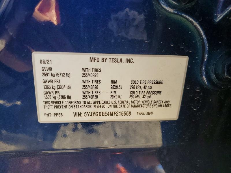 Aukcja sprzedaży 2021 Tesla Model Y, vin: 5YJYGDEE4MF215558, numer aukcji: 73273325