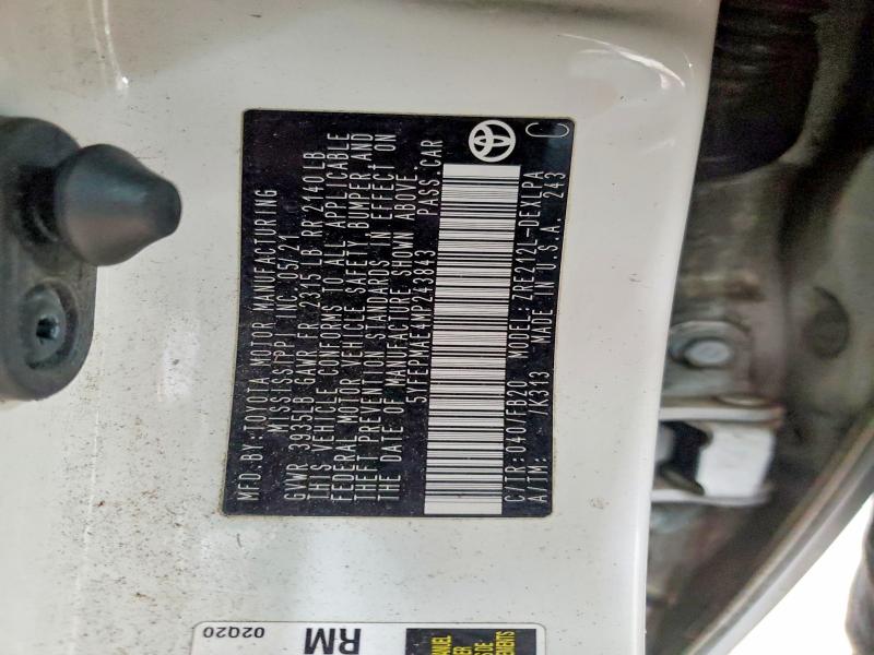 Aukcja sprzedaży 2021 Toyota Corolla, vin: 5YFEPMAE4MP243843, numer aukcji: 74115975