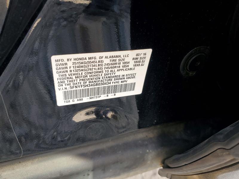 2016 Honda Pilot მანქანა იყიდება აუქციონზე, vin: 5FNYF5H34GB030434, აუქციონის ნომერი: 99864815