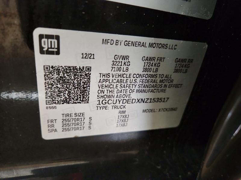 Aukcja sprzedaży 2022 Chevrolet Silverado Ltd, vin: 1GCUYDEDXNZ153517, numer aukcji: 74077595