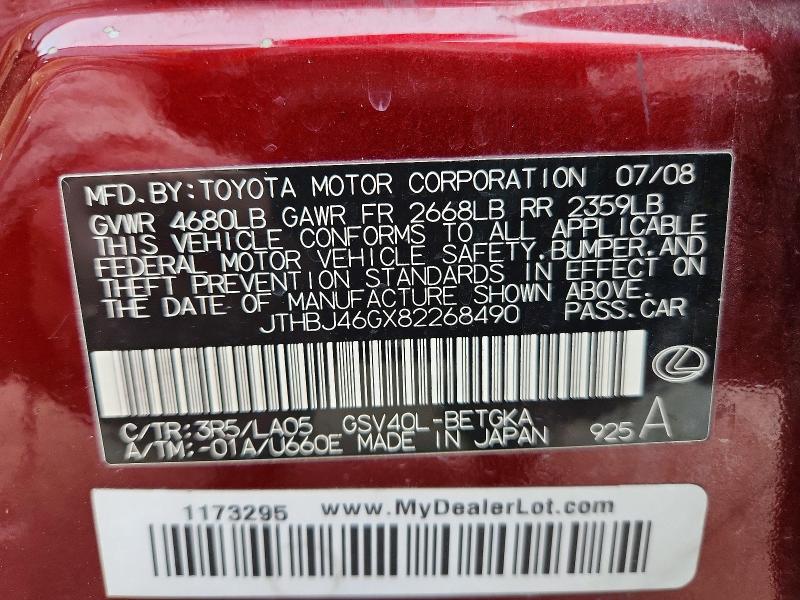 Aukcja sprzedaży 2008 Lexus Es, vin: JTHBJ46GX82268490, numer aukcji: 74986205