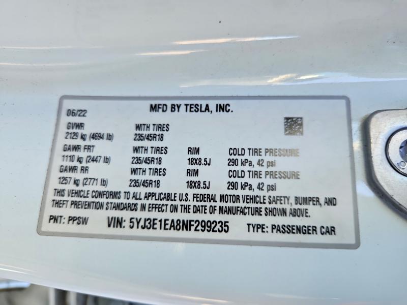 74621785 :رقم المزاد ، 5YJ3E1EA8NF299235 vin ، 2022 Tesla Model 3 مزاد بيع