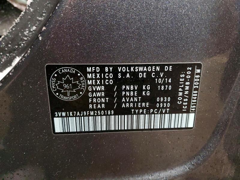 74040865 :رقم المزاد ، 3VW1K7AJ9FM250189 vin ، 2015 Volkswagen Jetta مزاد بيع
