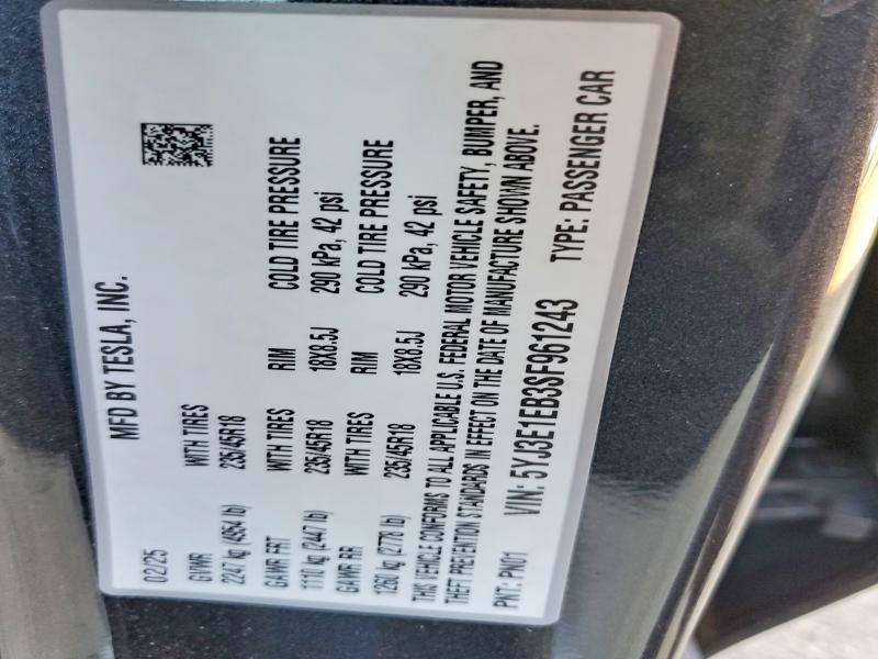 Продажа на аукционе авто 2025 Tesla Model 3, vin: 5YJ3E1EB3SF961243, номер лота: 73751435
