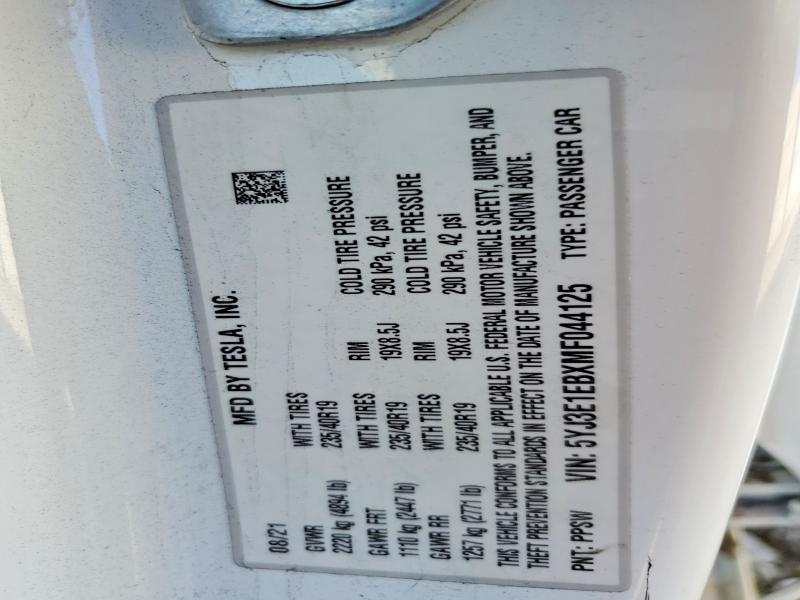 72496505 :رقم المزاد ، 5YJ3E1EBXMF044125 vin ، 2021 Tesla Model 3 مزاد بيع