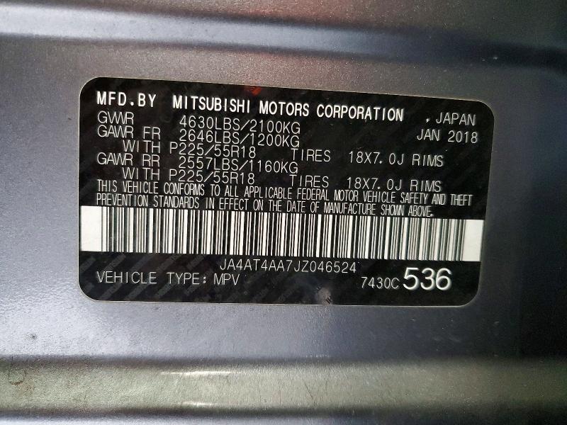 Продаж на аукціоні авто 2018 Mitsubishi Eclipse Cross, vin: JA4AT4AA7JZ046524, номер лоту: 72342505