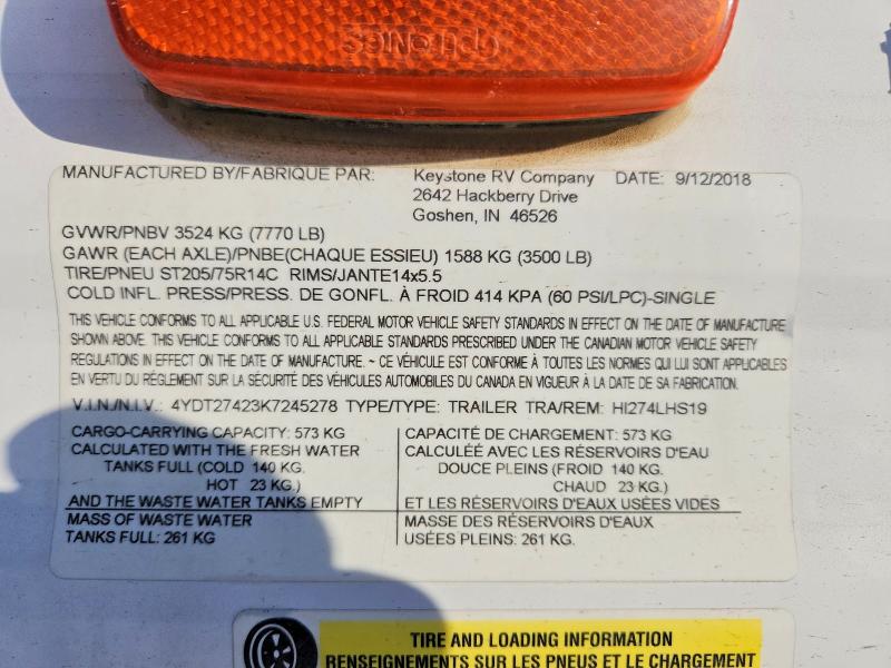 Продажа на аукционе авто 2019 Keystone Hideout, vin: 4YDT27423K7245278, номер лота: 75607365