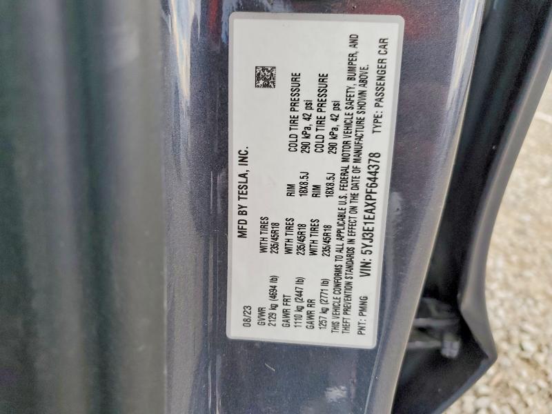 74793565 :رقم المزاد ، 5YJ3E1EAXPF644378 vin ، 2023 Tesla Model 3 مزاد بيع