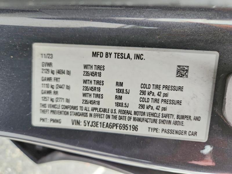 73385615 :رقم المزاد ، 5YJ3E1EA6PF695196 vin ، 2023 Tesla Model 3 مزاد بيع