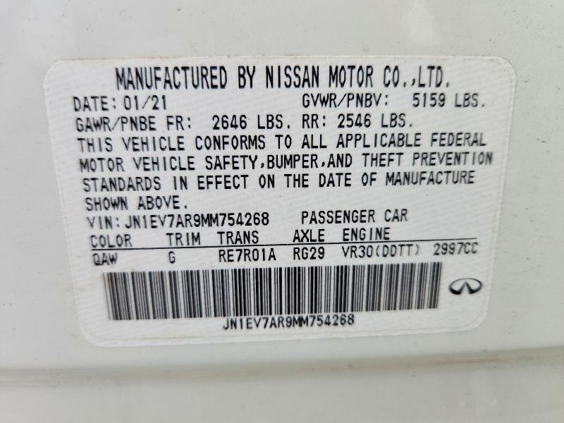 72354685 :رقم المزاد ، JN1EV7AR9MM754268 vin ، 2021 Infiniti Q50 مزاد بيع