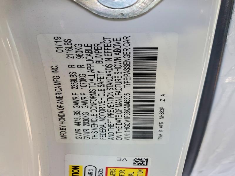 2019 Honda Accord მანქანა იყიდება აუქციონზე, vin: 1HGCV1F38KA045305, აუქციონის ნომერი: 75219405