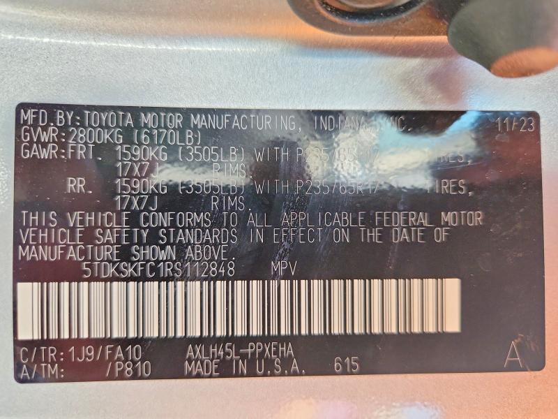 75058725 :رقم المزاد ، 5TDKSKFC1RS112848 vin ، 2024 Toyota Sienna مزاد بيع