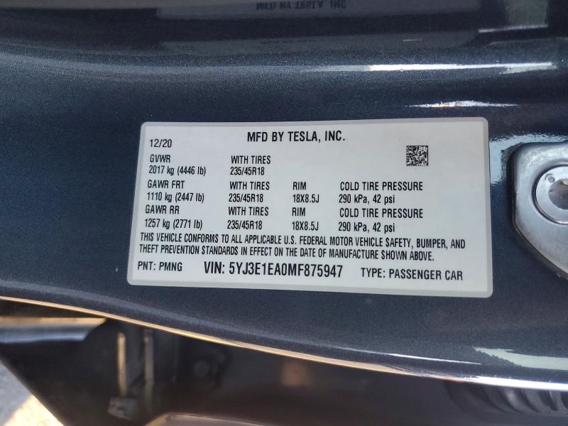 Продажа на аукционе авто 2021 Tesla Model 3, vin: 5YJ3E1EA0MF875947, номер лота: 74820015
