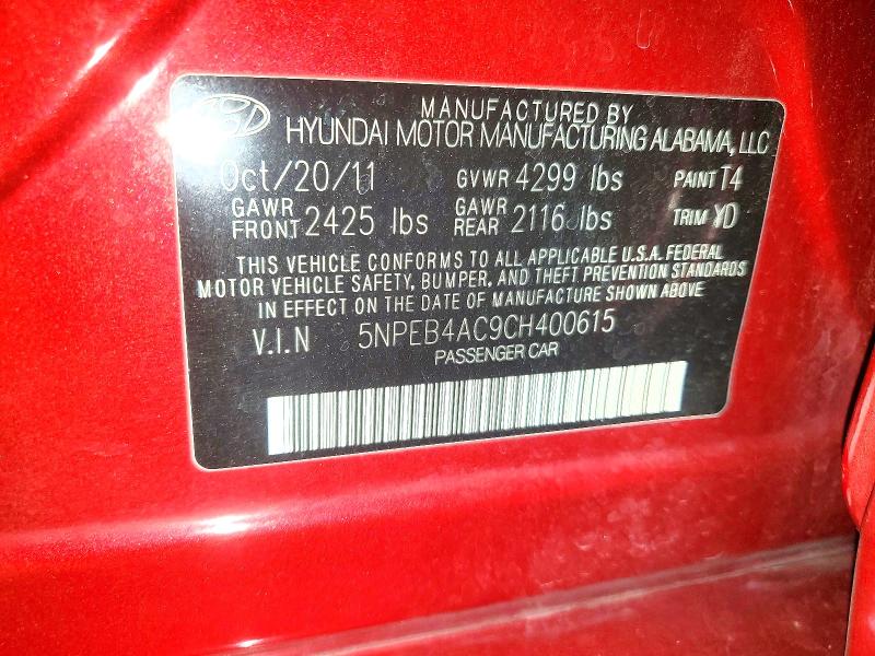73554925 :رقم المزاد ، 5NPEB4AC9CH400615 vin ، 2012 Hyundai Sonata Gls مزاد بيع