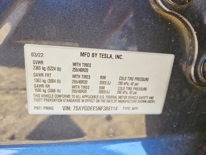 75251615 :رقم المزاد ، 7SAYGDEE5NF386114 vin ، 2022 Tesla Model Y مزاد بيع
