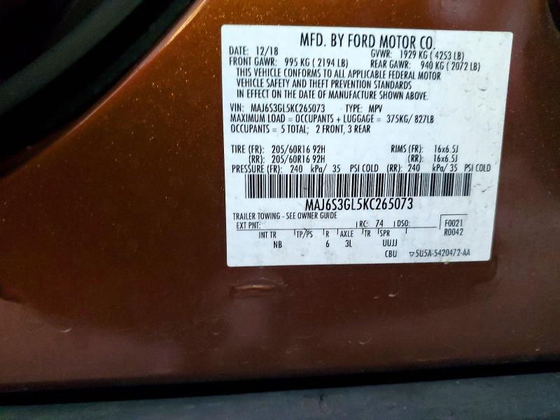 Auction sale of the 2019 Ford Ecosport, vin: MAJ6S3GL5KC265073, lot number: 75109985