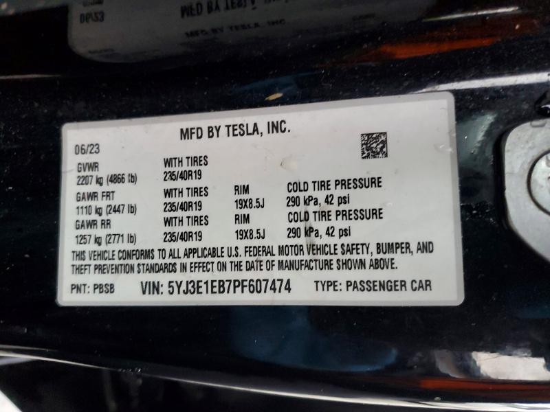 Aukcja sprzedaży 2023 Tesla Model 3, vin: 5YJ3E1EB7PF607474, numer aukcji: 74319965