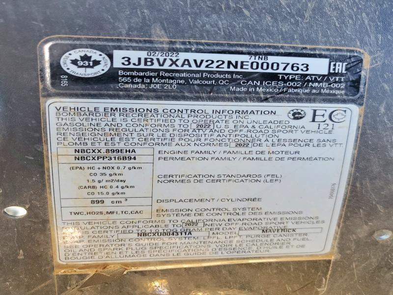 2022 Can Am Maverickx3 მანქანა იყიდება აუქციონზე, vin: 3JBVXAV22NE000763, აუქციონის ნომერი: 75314465