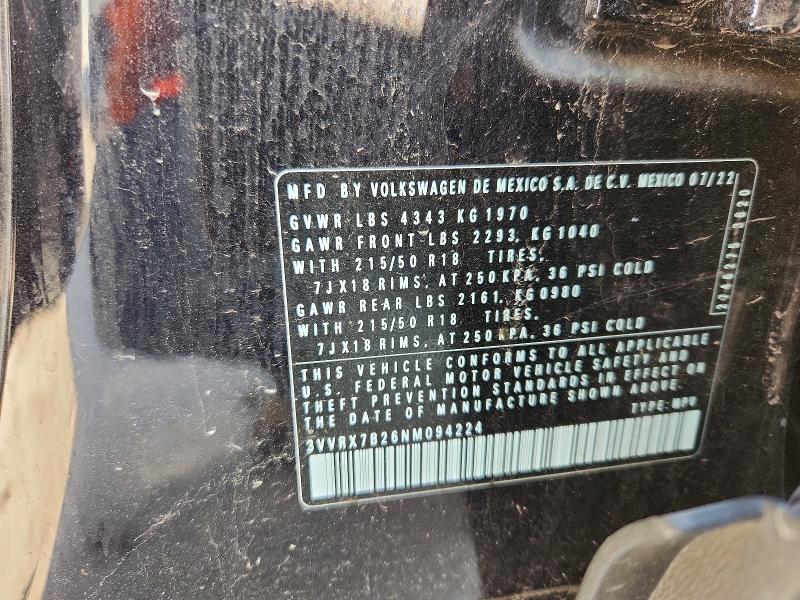 99568505 :رقم المزاد ، 3VVRX7B26NM094224 vin ، 2022 Volkswagen Taos مزاد بيع