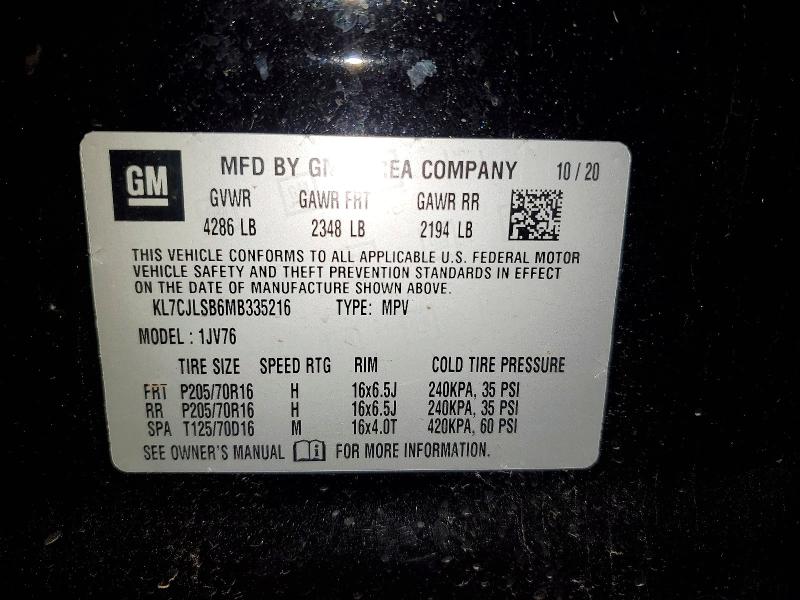 2021 Chevrolet Trax 1lt მანქანა იყიდება აუქციონზე, vin: KL7CJLSB6MB335216, აუქციონის ნომერი: 73378615