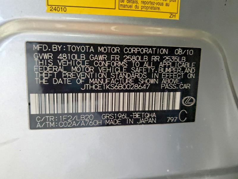 73937895 :رقم المزاد ، JTHCE1KS6B0028647 vin ، 2011 Lexus Gs مزاد بيع