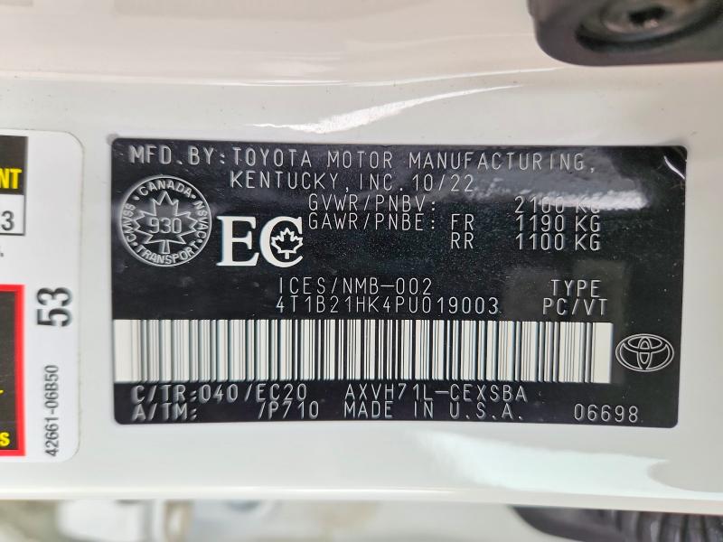 2023 Toyota Camry Se Hybrid 4dr მანქანა იყიდება აუქციონზე, vin: 4T1B21HK4PU019003, აუქციონის ნომერი: 74911995