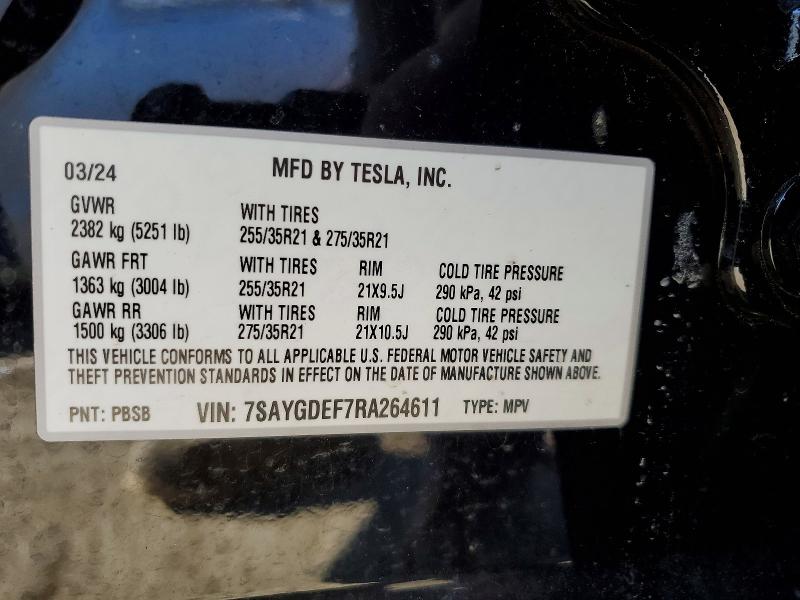 2024 Tesla Y მანქანა იყიდება აუქციონზე, vin: 7SAYGDEF7RA264611, აუქციონის ნომერი: 72651595