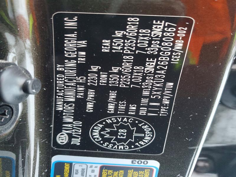 98259375 :رقم المزاد ، 5XYKU3A26BG080867 vin ، 2011 Kia Sorento مزاد بيع
